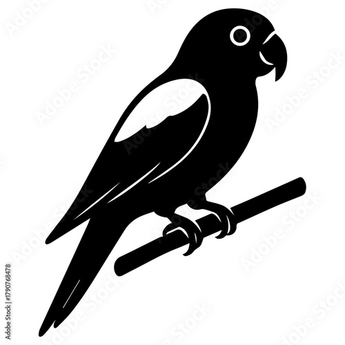 Minimalist black silhouette of a perched parrot with a curved beak and sleek feathers on a clean light background—perfect for logos, stickers, and tropical pet-themed designs.