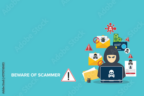 Hacker, scammer in front of his computer committing digital cybercrime