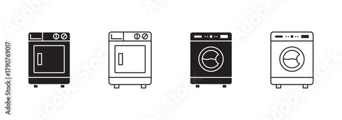 Clothes washing machine vector icon sheet. laundry washer sign. home appliance electric wash machine vector symbol on white background.