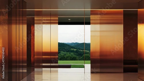 Modern golden abstract interior architecture reflecting warm light