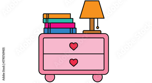 Pink nightstand with books and lamp illustration vector art