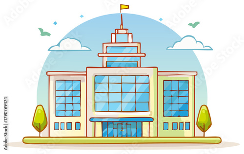 Cartoon School Building Illustration with Flag Pole, Windows and Trees on Clear Sky Background