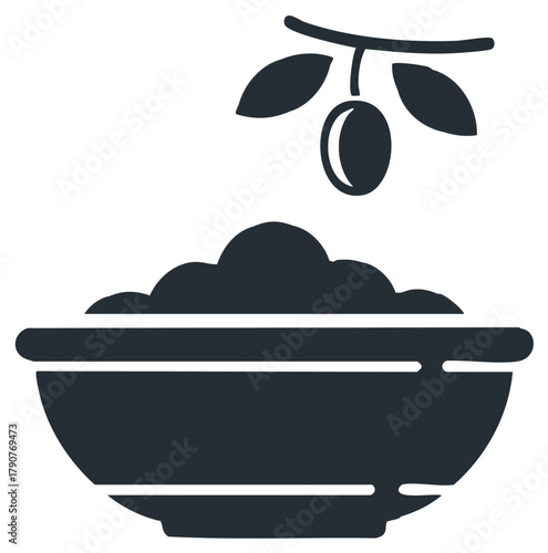 Minimalist Icon of a Bowl of Mediterranean Food Topped with an Olive Branch