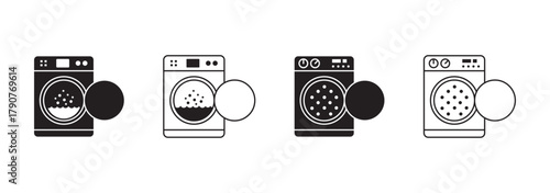 Clothes washing machine vector icon sheet. laundry washer sign. home appliance electric wash machine vector symbol on white background.