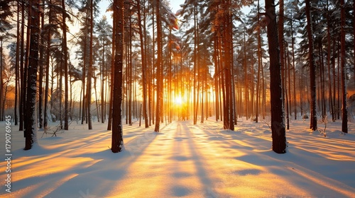 A stunning sunset casts golden hues over a snow-covered pine forest, embodying the juxtaposition of warm colors against the cool winter landscape, evoking peace and inspiration.
