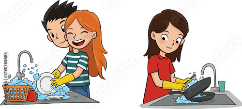 Children washing dishes together, teamwork at kitchen sink, solo dishwashing moment, household chores, soap suds, rubber gloves, domestic cleaning routine
