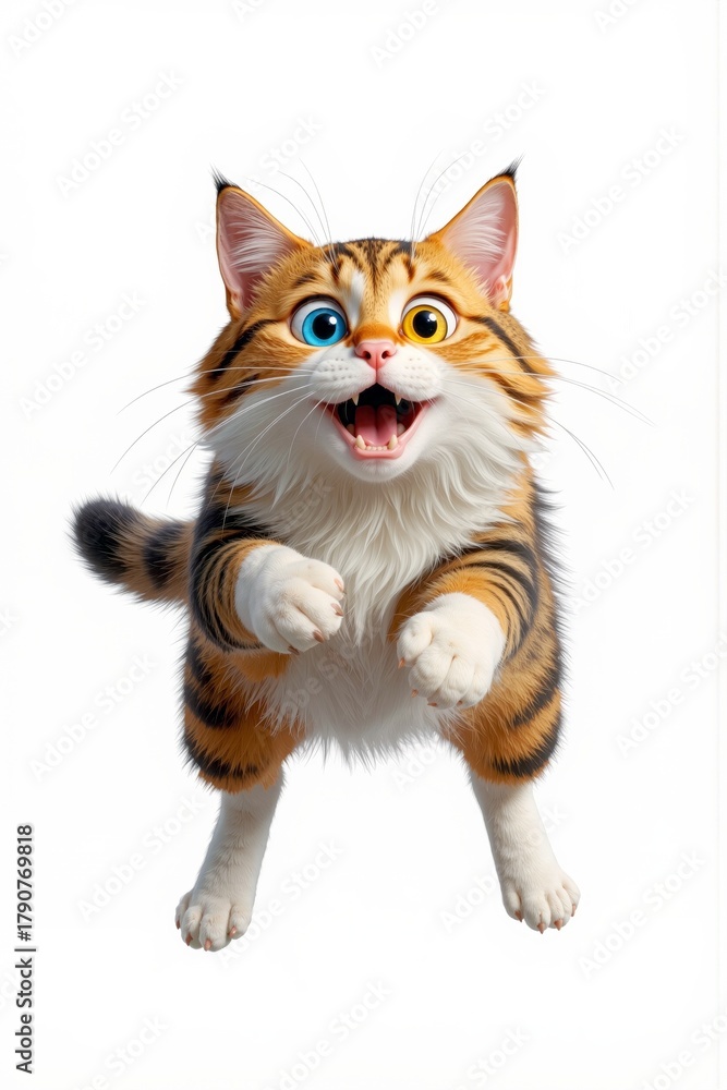 Fototapeta premium Playful cartoon tabby cat jumping forward with wide smile and heterochromia eyes on white background