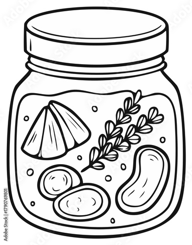 Pickling Jar Illustration Preserving Citrus, Herbs, Spices Ingredients in Glass Container Line Art