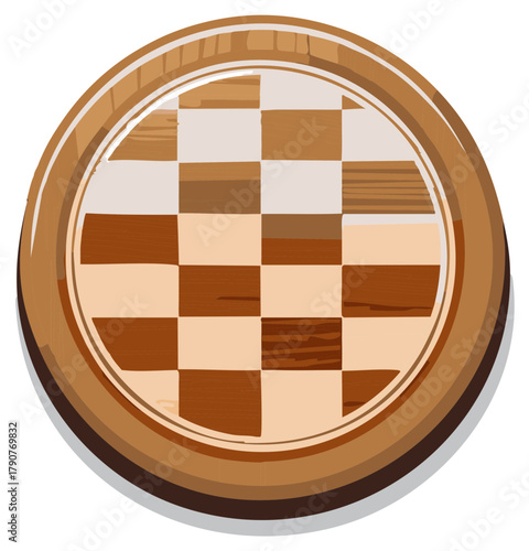 Circular wooden chess board with alternating light and dark squares