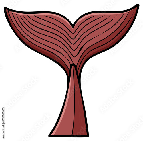 Stylized cartoon drawing of a powerful red whale or mermaid tail fluke