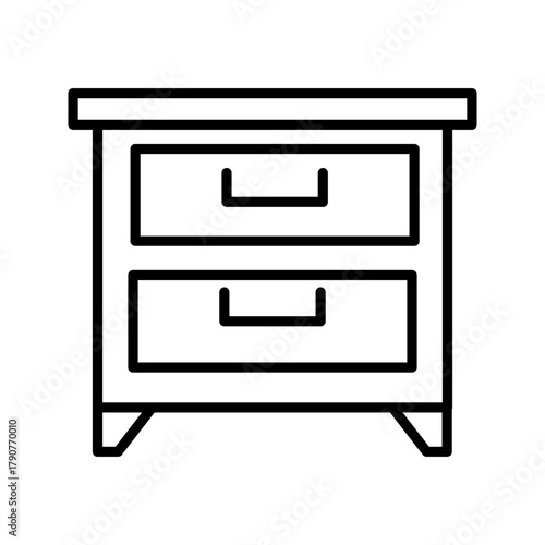 A minimalist black outline vector icon representing a nightstand, bedside table, or small storage drawer cabinet. The design features a square cabinet with two drawers and handles, standing on small l