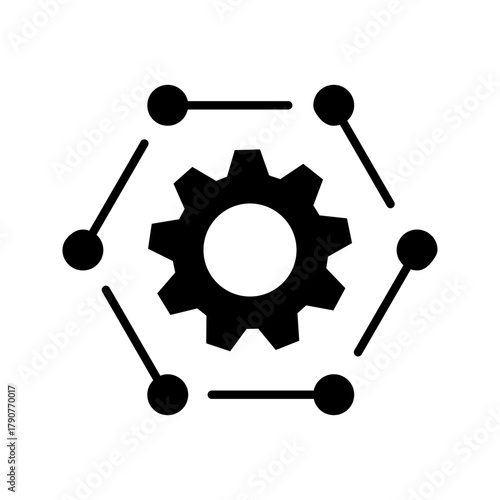 Network Configuration and Integration Gear Icon. A minimalist black outline vector icon representing system configuration, decentralized network, integration, or settings management. The design featur