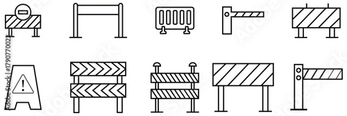 Set of roadblock icons vector graphics. Contains as traffic safety, under construction barriers, caution signs. Road block thin linear outline icons set on white background. vector illustration.