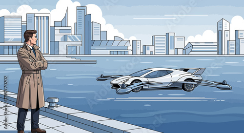 Future transportation vision: A man contemplates a flying car against a cityscape backdrop