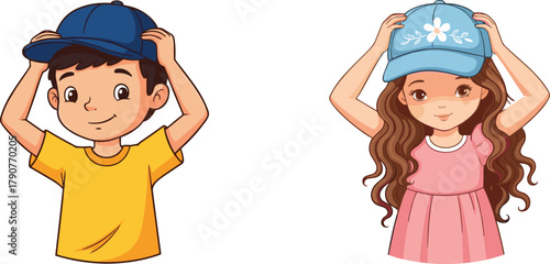 Children wearing caps illustration, cartoon boy and girl, fashion accessory gesture, casual outfit, outdoor style, vector art, smiling faces