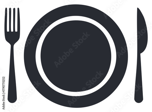 Minimalist dining illustration featuring plate, fork, and knife, perfect for culinary and food-related concepts.