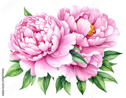 Two blooming pink peonies with lush green leaves