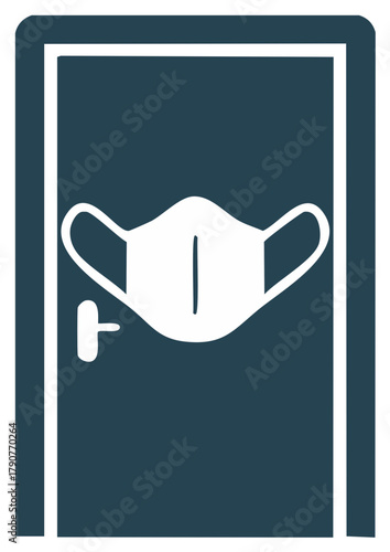 Stylized door with surgical mask icon for pandemic safety or protection signage.