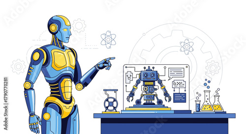 Futuristic AI Robot Scientist in Laboratory Analyzing Robot Blueprint Design Concept