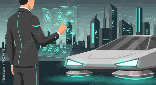 Futuristic autonomous flying car controlled by businessman with holographic interface