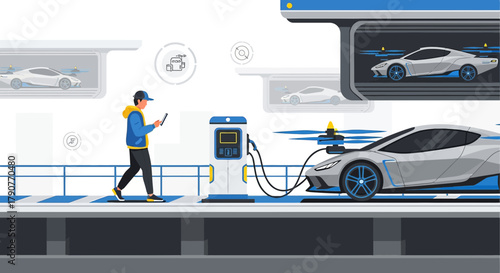 Futuristic Charging Station with Electric Vehicles and Drone Technology for Urban Mobility