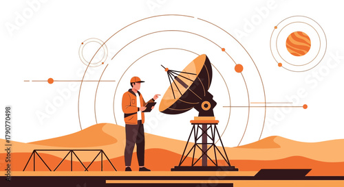 Futuristic communication on Mars with engineer operating satellite dish equipment in orange tone