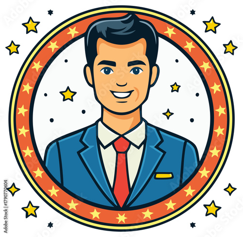 Illustration of a smiling man in a suit inside a circular frame with stars