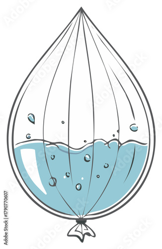Hand drawn water filled balloon with bubbles and droplets