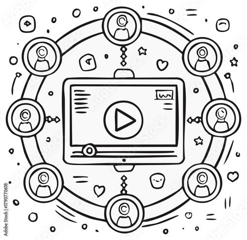 Digital network connecting people around a video player screen with icons and hearts