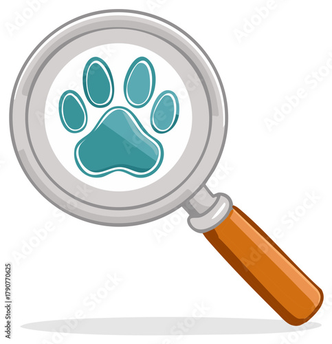 Magnifying glass examining animal paw print for investigation or discovery