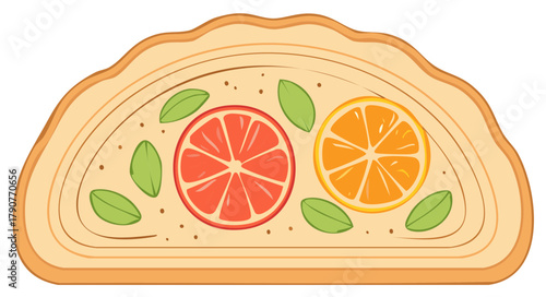 Freshly baked toast topped with grapefruit, orange slices, and basil leaves, healthy breakfast concept