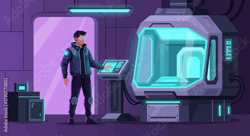 Futuristic laboratory scene featuring a scientist interacting with advanced technology