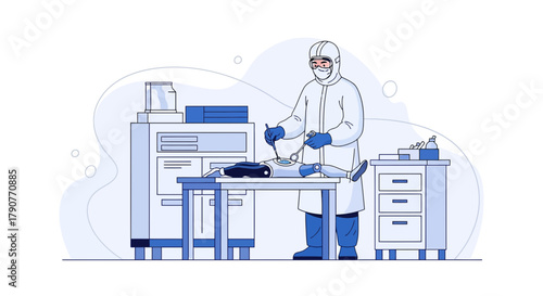 Futuristic robotic surgery concept: doctor in protective suit operating on a robot patient depicts