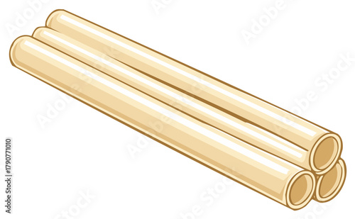 Stack of three uncooked tubular pasta like ziti or cannoli shells illustration