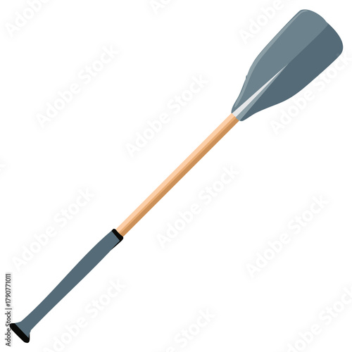 Single boat oar with wooden shaft and gray paddle blade isolated for water sports