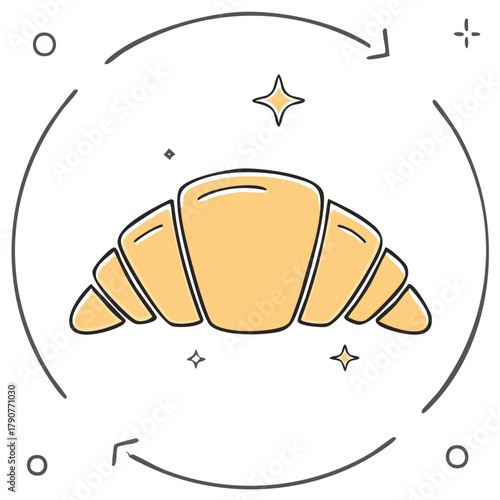 Fresh Baked Croissant Hand Drawn Style with Arrows and Shapes Around it Pastry Icon Sketch Bakery Design Element