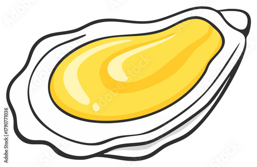 Stylized illustration of a single raw oyster with a glossy yellow pearl inside