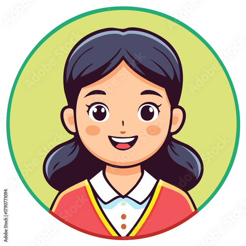 Joyful Young Person with Dark Hair Smiling Inside a Green Circle Frame