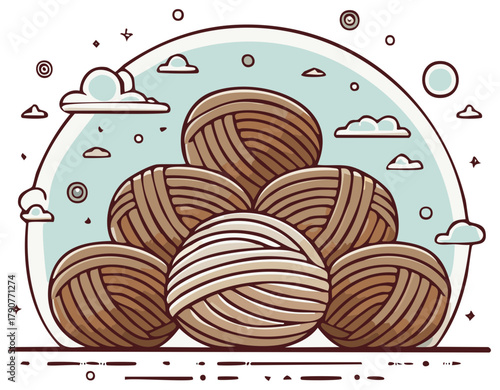 Cartoon pile of wool yarn balls for knitting and crafting in a whimsical vector illustration.