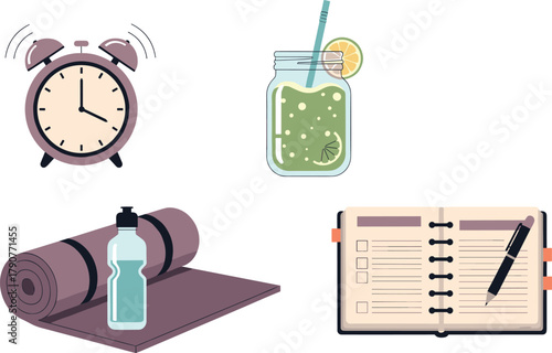 Alarm clock, smoothie, yoga mat, and notebook illustration on transparent background