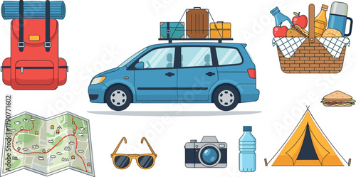 Cartoon illustration of camping and road trip essentials on transparent background