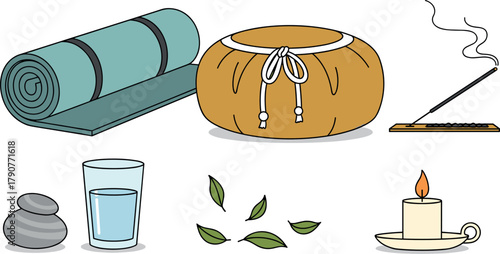 Yoga and meditation still life with mat, cushion, incense, and candle on transparent background