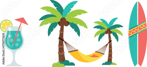 Cartoon illustration of a beach scene with cocktail, palm trees, hammock, and surfboard on transparent background