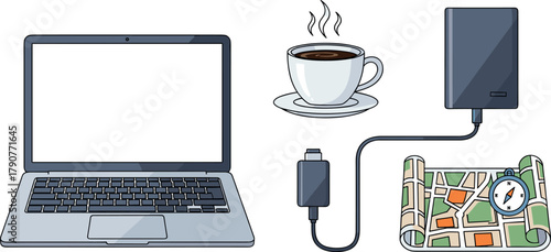 Illustration of a laptop, coffee cup, power bank, and map on transparent background