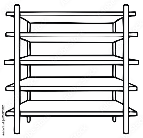 Simple black and white line art of an empty wooden shelving unit for storage and organization.