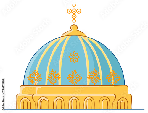 Stylized blue dome with golden architectural details and cross
