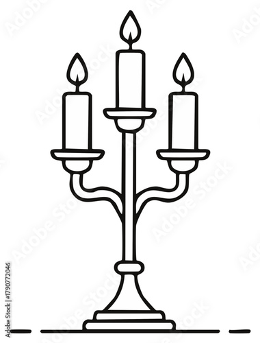Classic candelabra with three lit candles simple black outline drawing
