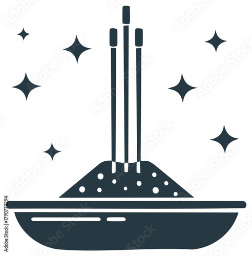 Incense sticks burning in a bowl with sparkles, aroma therapy and spa treatment illustration