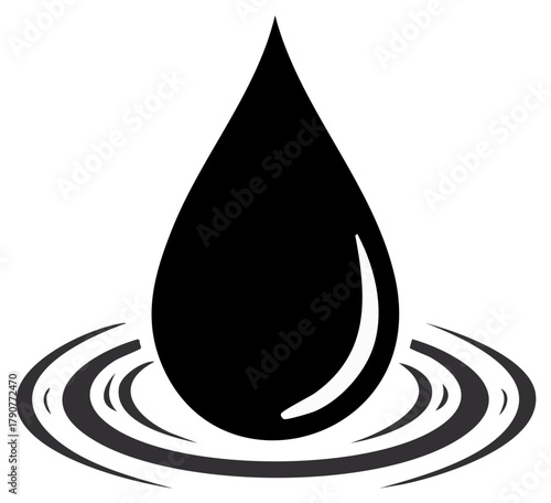Stylized black liquid drop impacting water surface generating circular ripple effect graphic