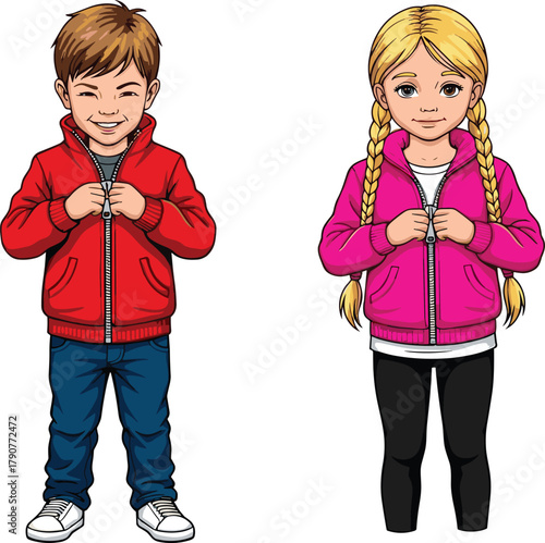 Children zipping hoodies illustration, cartoon kids, casual clothing gesture, fashion detail, daily routine, vector art, self-care, smiling faces, outfit comparison